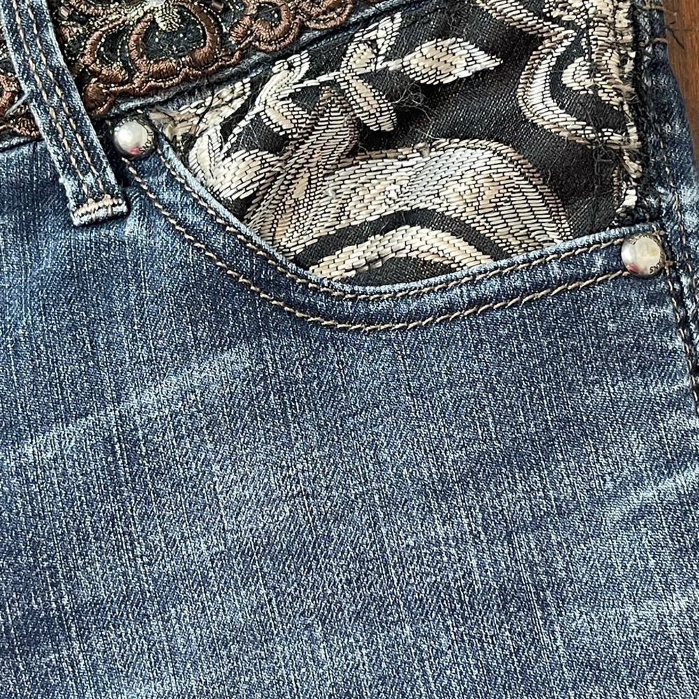 Upcycled Low Rise Wide Leg Bell Bottom Jeans Hippie Boho Floral 32 x 33​​​ - Picture 7 of 14